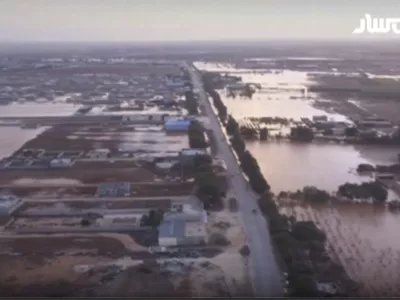 This image taken from video provided by Libya Almasar TV shows flooding in Marj, Libya, Monday, Sept. 11, 2023. Mediterranean storm Daniel has caused devastating floods in Libya, sweeping away entire neighbourhoods and leaving areas of farmland under water in multiple coastal towns in the east of the North African nation. (Libya Almasar TV via AP)