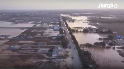 This image taken from video provided by Libya Almasar TV shows flooding in Marj, Libya, Monday, Sept. 11, 2023. Mediterranean storm Daniel has caused devastating floods in Libya, sweeping away entire neighbourhoods and leaving areas of farmland under water in multiple coastal towns in the east of the North African nation. (Libya Almasar TV via AP)