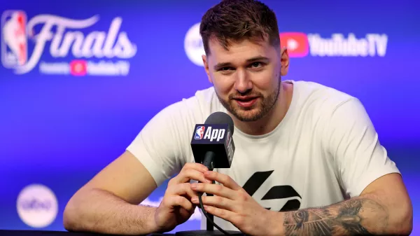 Jun 5, 2024; Boston, MA, USA; Dallas Mavericks guard Luka Doncic (77) during the NBA Finals Media Day at TD Garden. Mandatory Credit: Peter Casey-USA TODAY Sports