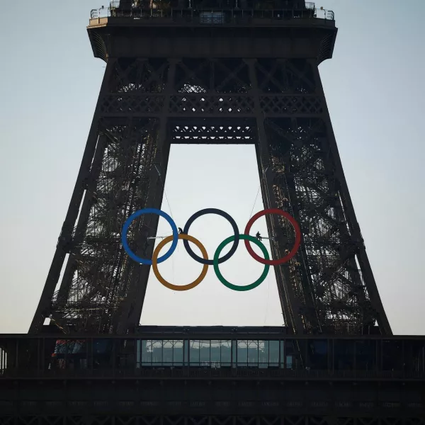 The Olympic rings are displayed on the first floor of the Eiffel Tower ahead of the Paris 2024 Olympic games in Paris, France June 7, 2024. REUTERS/Sarah Meyssonnier