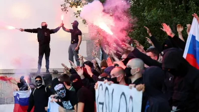 Far-right protesters take part in an anti-immigration demonstration, in Ljubljana, Slovenia, June 7, 2024. REUTERS/Borut Zivulovic