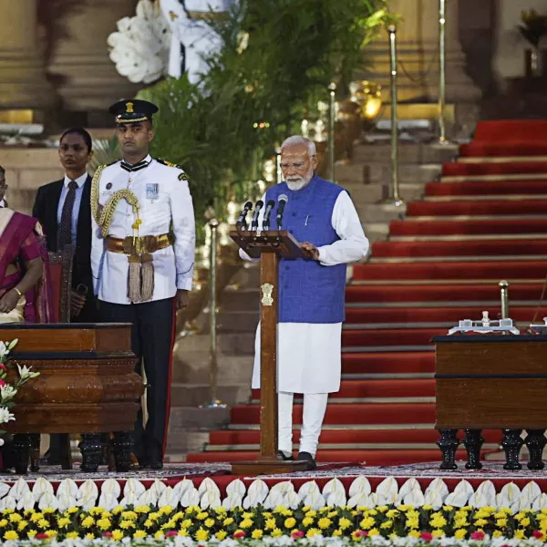 India's Prime Minister Narendra Modi takes an oath during a swearing-in ceremony at the presidential palace in New Delhi, India, June 9, 2024. REUTERS/Adnan Abidi