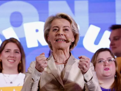 European Commission President Ursula von der Leyen speaks during an event at the European People's Party headquarters, on the day of the European Parliament elections in Brussels, Belgium, June 9, 2024. REUTERS/Piroschka van de Wouw  REFILE - CORRECTING LOCATION FROM "European Parliament" to "European People's Party headquarters\