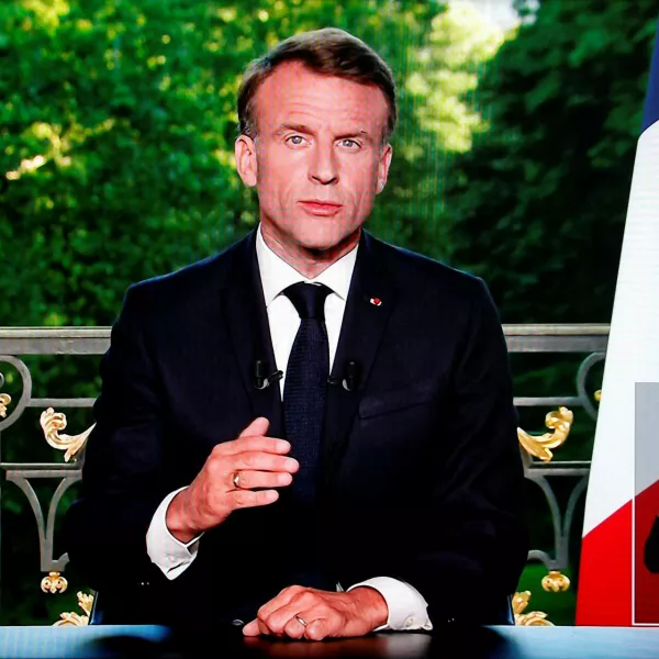 SCREENSHOT - 09 June 2024, France, Paris: A screen shot shows French President Emmanuel Macron speaking during a televised address to the nation during which he announced he is dissolving the National Assembly, French Parliament lower house, and calls new general elections on 30 June. Photo: Ludovic Marin/AFP/dpa