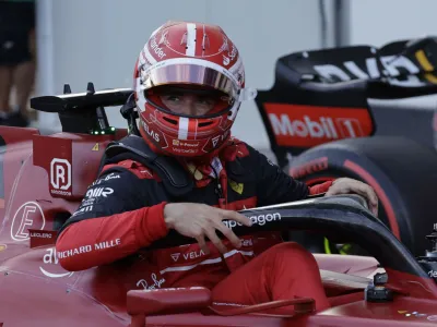 Formula One F1 - Azerbaijan Grand Prix - Baku City Circuit, Baku, Azerbaijan - June 11, 2022 Ferrari's Charles Leclerc celebrates after winning pole position REUTERS/Leonhard Foeger