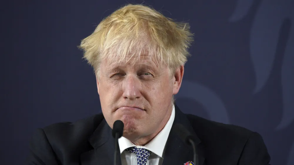 Britain's Prime Minister Boris Johnson makes a speech at Blackpool and The Fylde College in Blackpool, England, Thursday June 9, 2022. (Peter Byrne/Pool via AP)