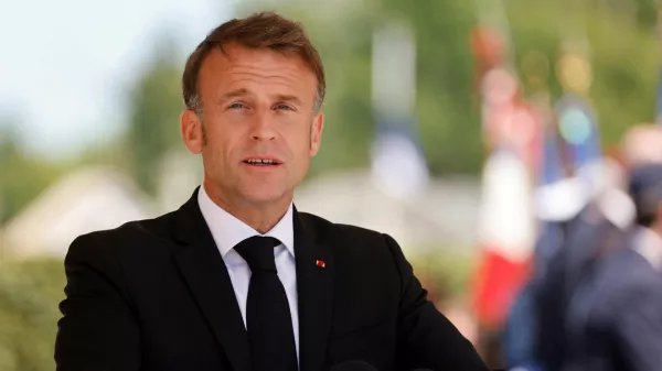 French President Emmanuel Macron speaks during a ceremony marking the 80th anniversary of the massacre of 643 persons by Nazi German forces, in Oradour-sur-Glane, France, June 10, 2024. LUDOVIC MARIN/Pool via REUTERS