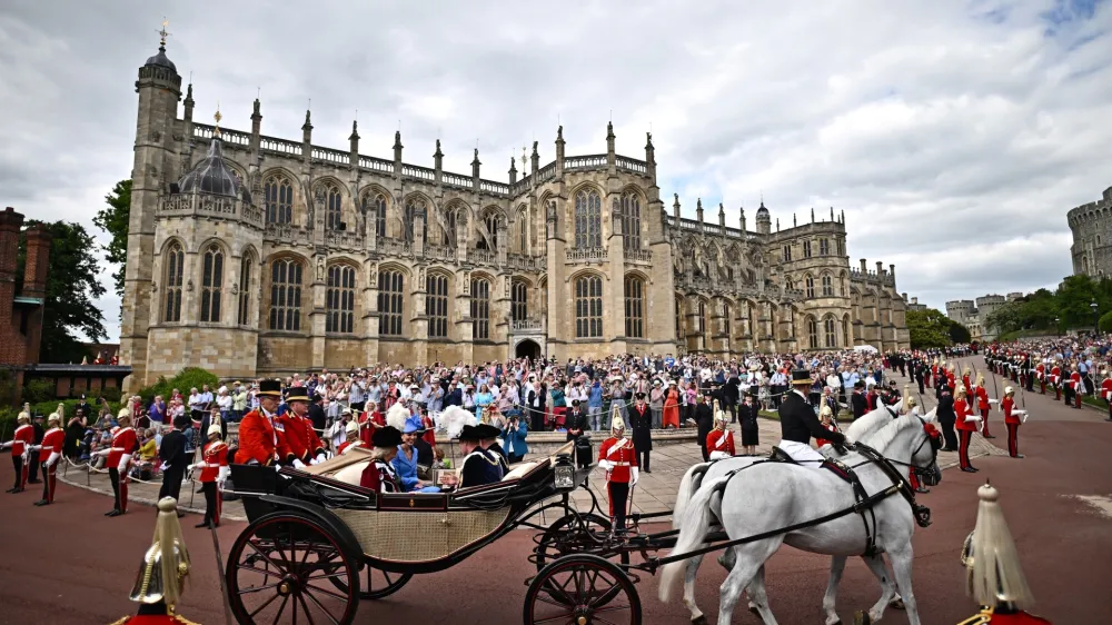 Britain's Prince Charles, Camilla, Duchess of Cornwall, Prince William and Kate, Duchess of Cambridge, leave after the Order of the Garter service at Windsor Castle, in Windsor, England, Monday, June 13, 2022. The Order of the Garter is the oldest and most senior Order of Chivalry in Britain, established by King Edward III nearly 700 years ago. This year Prince Charles' wife Camilla, the Duchess of Cornwall, former British Prime Minister Tony Blair and former leader of the British House of Lords Baroness Amos were all installed in the Order. (Ben Stansall/Pool via AP)