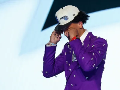 Jun 23, 2022; Brooklyn, NY, USA; Paolo Banchero (Duke) reacts after being selected as the number one overall pick by the Orlando Magic in the first round of the 2022 NBA Draft at Barclays Center. Mandatory Credit: Brad Penner-USA TODAY Sports