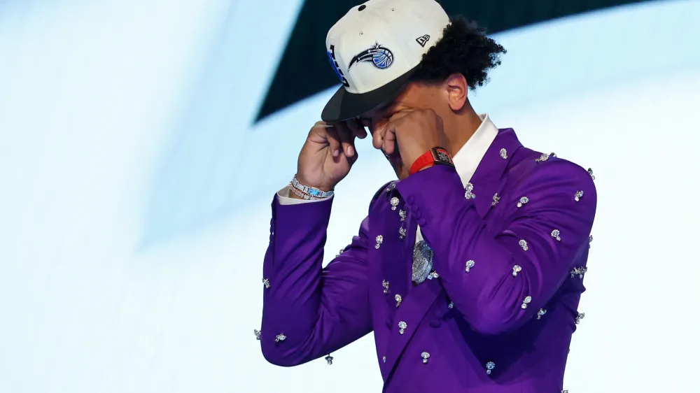 Jun 23, 2022; Brooklyn, NY, USA; Paolo Banchero (Duke) reacts after being selected as the number one overall pick by the Orlando Magic in the first round of the 2022 NBA Draft at Barclays Center. Mandatory Credit: Brad Penner-USA TODAY Sports