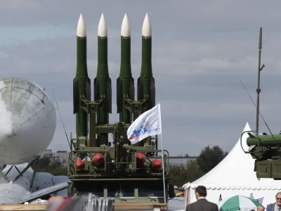 Russian air defense missile system Buk-M2 is on display at the opening of the MAKS Air Show in Zhukovsky outside Moscow on Tuesday, Aug. 27, 2013. Russia has supplied similar missiles to Syria. (AP Photo/Ivan Sekretarev)