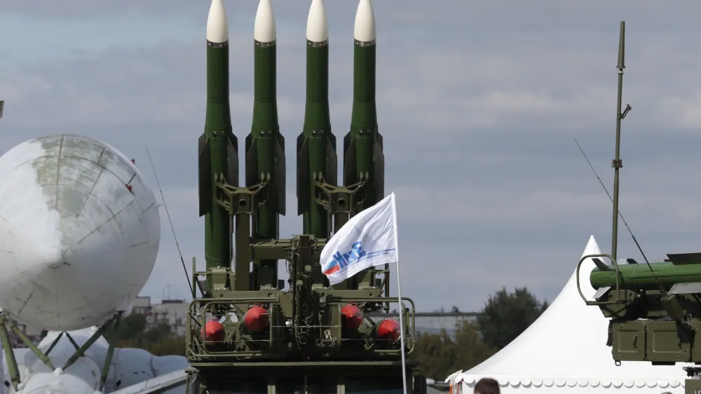 Russian air defense missile system Buk-M2 is on display at the opening of the MAKS Air Show in Zhukovsky outside Moscow on Tuesday, Aug. 27, 2013. Russia has supplied similar missiles to Syria. (AP Photo/Ivan Sekretarev)