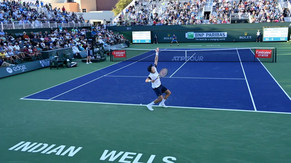 Mar 8, 2022; Indian Wells, CA, USA; Vasek Pospisil (CAN) celebrates a point as he defeated Egor Gerasimov (BEL) in their first round match at the BNP Paribas Open at Indian Wells Tennis Garden. Mandatory Credit: Jayne Kamin-Oncea-USA TODAY Sports