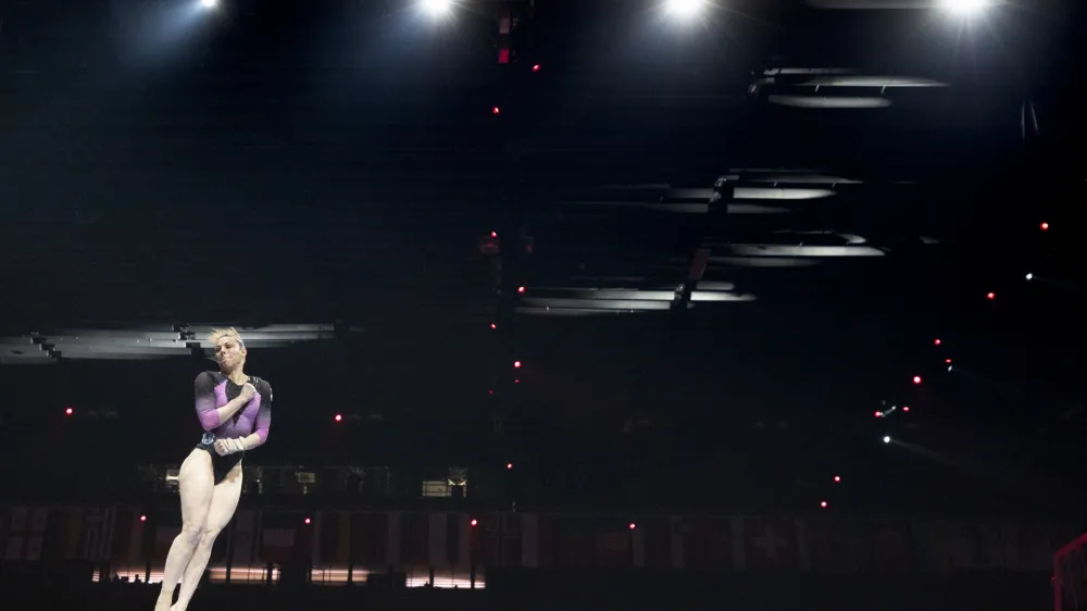 Slovenia's Tjasa Kysselef performs on the vault during the women's apparatus finals of the 2021 European Championships in Artistic Gymnastics in the St. Jakobshalle in Basel, Switzerland, Saturday, April 24, 2021. (KEYSTONE/Alexandra Wey)