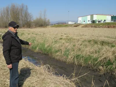 &raquo;Že lani smo začeli opažati, da se v kanalu, tik ob sprehajalni poti po nasipu, nabira blato, ki močno zaudarja,&laquo; pravi Stanko Savnik, predsednik Brodarsko turističnega društva Mostec. V ozadju brežiška čistilna naprava.&nbsp;