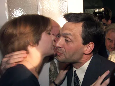 Viktor Orban, the chairman of the Fidesh party kisses a supporter while he arrived at the election headquarter in Budapest May 24. Orban is likely to become Hungary's next prime minister after his centre-right Fidesz Hungarian Civic Party placed first in Sunday elections.<br><br>LB/WS - RP1DRIERMJAA
