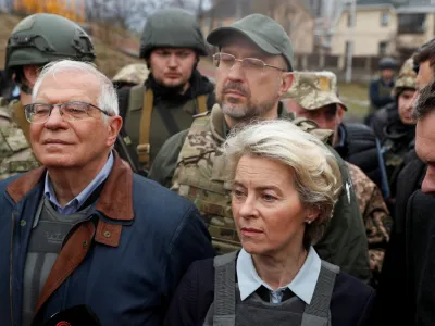 European Commission President Ursula von der Leyen and High Representative of the European Union for Foreign Affairs and Security Policy Josep Borrell look on as they visit the town of Bucha, as Russia's attack on Ukraine continues, outside of Kyiv, Ukraine April 8, 2022. REUTERS/Valentyn Ogirenko