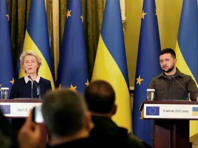 European Union Commission President Ursula von der Leyen speaks during a press conference with Ukrainian President Volodymyr Zelenskyy in Kyiv, Ukraine, on Friday, April 8, 2022. (AP Photo/Adam Schreck)