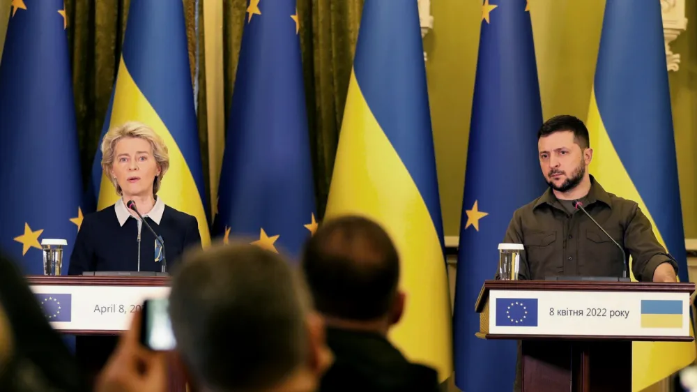 European Union Commission President Ursula von der Leyen speaks during a press conference with Ukrainian President Volodymyr Zelenskyy in Kyiv, Ukraine, on Friday, April 8, 2022. (AP Photo/Adam Schreck)