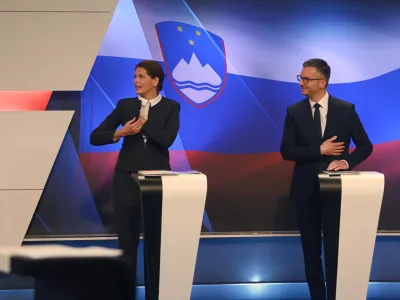 Ljubljana, POP TV.<br>Soocenje pred parlamentarnimi volitvami na POP TV.<br>Alenka Bratusek (SAB) in Marjan Sarec (LMS).