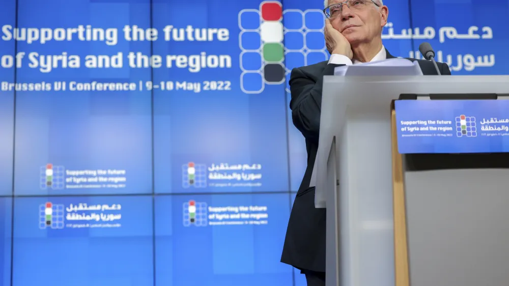 European Union foreign policy chief Josep Borrell holds a press conference after the meeting "Supporting the future of Syria and the region" at the European Council building in Brussels, Tuesday, May 10, 2022. (AP Photo/Olivier Matthys)