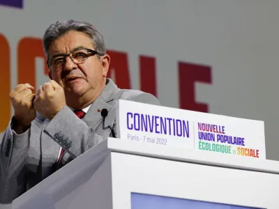 Leader of Far Left opposition party La France Insoumise (LFI) Jean-Luc Melenchon speaks at a convention held by leaders from the newly formed coalition of left-leaning parties as they join forces to campaign for the legislative elections, in Aubervilliers, near Paris, France, May 7, 2022. REUTERS/Rali Benallou NO RESALES. NO ARCHIVES