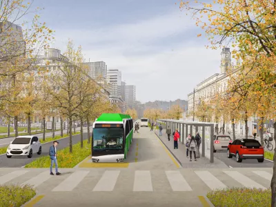 Prestopna postaja pred železniško postajo, kot so si jo zamislili avtorji koncepta ZMAJ. Po Masarykovi cesti so potegnili eno od zmogljivih linij, po kateri bi avtobusi vozili v manj kot petminutnih intervalih.