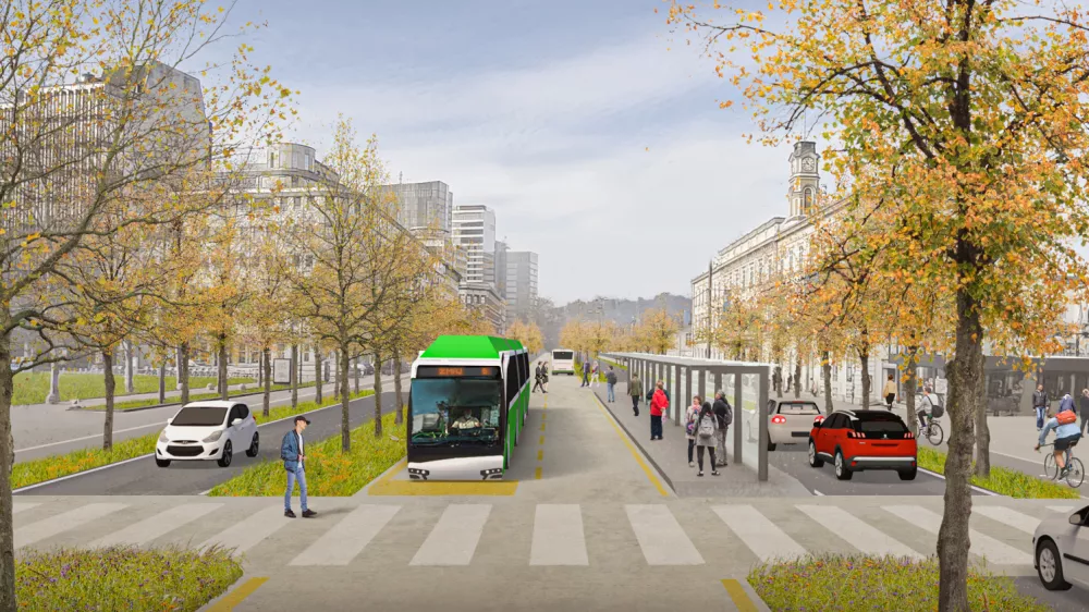 Prestopna postaja pred železniško postajo, kot so si jo zamislili avtorji koncepta ZMAJ. Po Masarykovi cesti so potegnili eno od zmogljivih linij, po kateri bi avtobusi vozili v manj kot petminutnih intervalih.