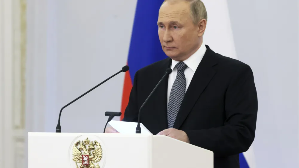 Russian President Vladimir Putin delivers a speech during a meeting with graduates of the country's highest military schools at the Kremlin in Moscow, Russia, Tuesday, June 21, 2022. (Mikhail Metzel, Sputnik, Kremlin Pool Photo via AP)