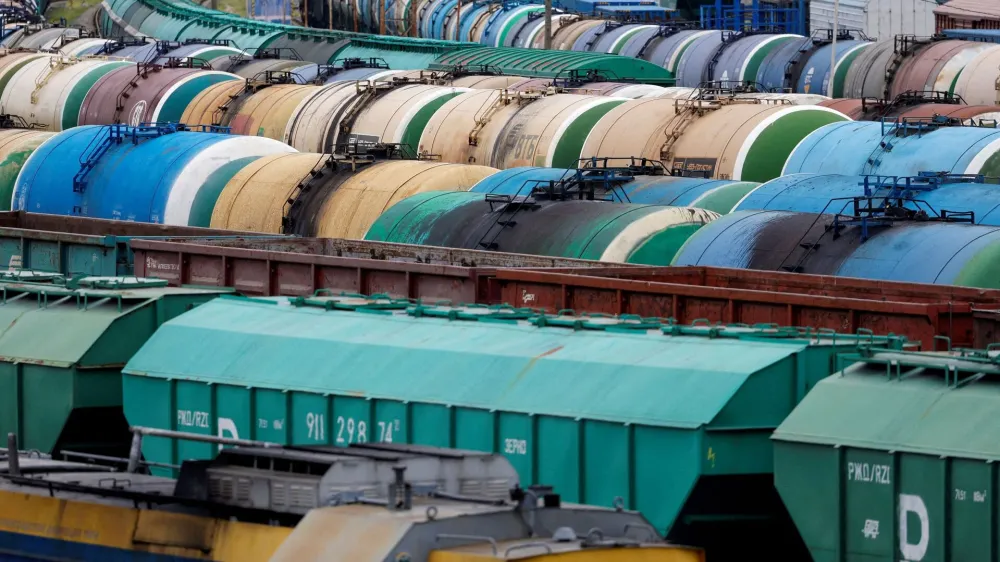 FILE PHOTO: Rail freight cars are shown in Kaliningrad following a ban on the transit of some goods to the Russian Baltic coast exclave via Lithuanian territory under EU sanctions, June 21, 2022. REUTERS/Vitaly Nevar//File Photo