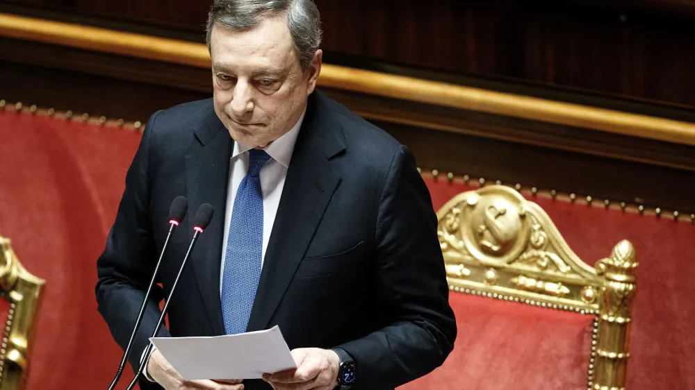 FILE - Italian Premier Mario Draghi addresses the Senate in Rome, Tuesday, June 21, 2022. Pleas were piling up in Italy on Sunday, July 17, 2022 aimed at persuading Draghi to stay in office instead of resigning as he tried to do last week after being betrayed by a major coalition partner. (Roberto Monaldo/LaPresse via AP, File)