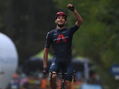 Filippo Ganna crosses the finish line to win the fifth stage of the Giro D'Italia, tour of Italy cycling race, from Mileto to Camigliatello Silano, Italy, Wednesday, Oct. 7, 2020. (Massimo Paolone/LaPresse via AP)