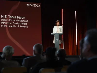 Bled, Festivalna dvorana.<br>Govor ministrice za zunanje zadeve Tanje Fajon na odprtju Blejskega strateskega foruma.