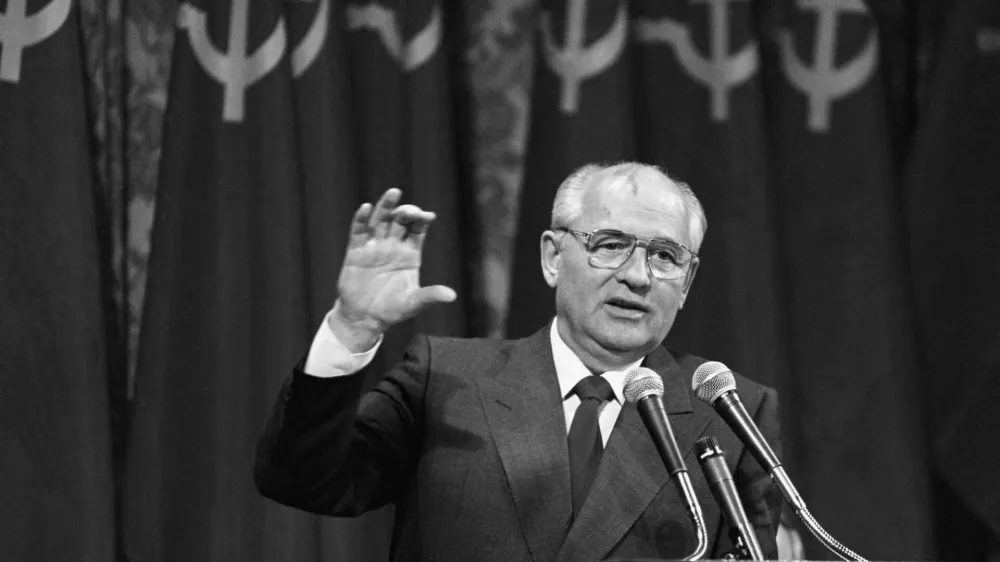 FILE - Soviet President Mikhail Gorbachev addresses a group of 150 business executives in San Francisco, Monday, June 5, 1990. Russian news agencies are reporting that former Soviet President Mikhail Gorbachev has died at 91. The Tass, RIA Novosti and Interfax news agencies cited the Central Clinical Hospital. (AP Photo/David Longstreath, File)