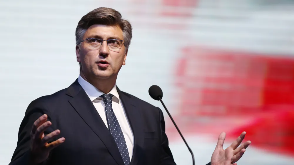 Croatia's Prime Minister Andrej Plenkovic delivers his speech during a political rally of the Croatian Democratic Union of Bosnia and Herzegovina in Mostar, Bosnia, on Thursday, Oct. 4, 2018. Bosnia holds a general election this weekend that could cement ethnic divisions of the 1992-95 war as a pro-Russian nationalist bids for a top post and politicians cling to war-era rivalries rather than reform needed to pull the country out of the post-war limbo.&nbsp;(AP Photo/Amel Emric)