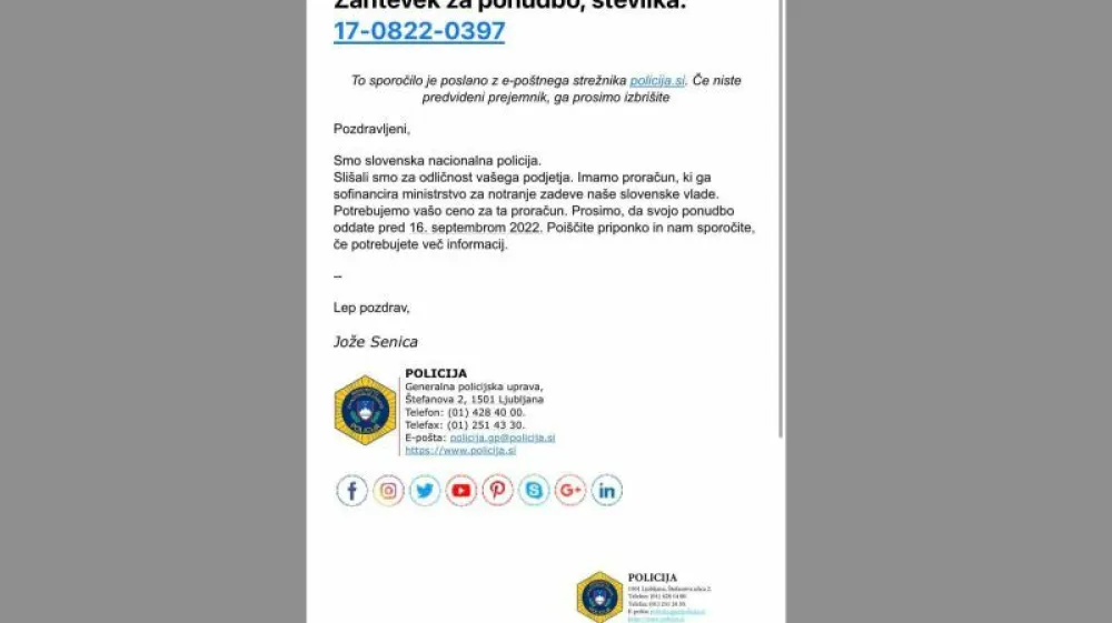 Koper.<br>Lazno elektronsko sporocilo, v katerem se goljufi izdajajo za Jozeta Senico.<br>Foto: PU Koper