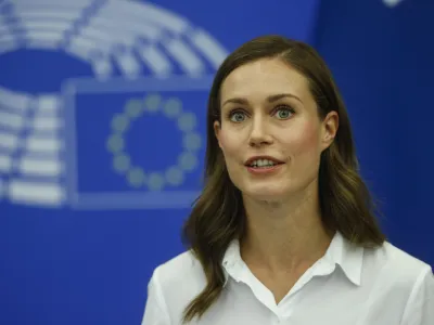 Finnish Prime Minister Sanna Marin speaks during a media conference at the European Parliament in Strasbourg, eastern France, Tuesday, Sept. 13, 2022. (AP Photo/Jean-Francois Badias)