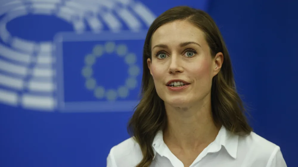 Finnish Prime Minister Sanna Marin speaks during a media conference at the European Parliament in Strasbourg, eastern France, Tuesday, Sept. 13, 2022. (AP Photo/Jean-Francois Badias)