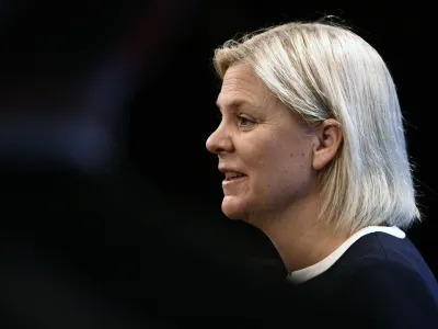 Sweden's Prime Minister Magdalena Andersson holds a press conference after having handed in her formal resignation, in Stockholm, Sweden, Thursday Sept. 15, 2022. (Tim Aro/TT News Agency via AP)