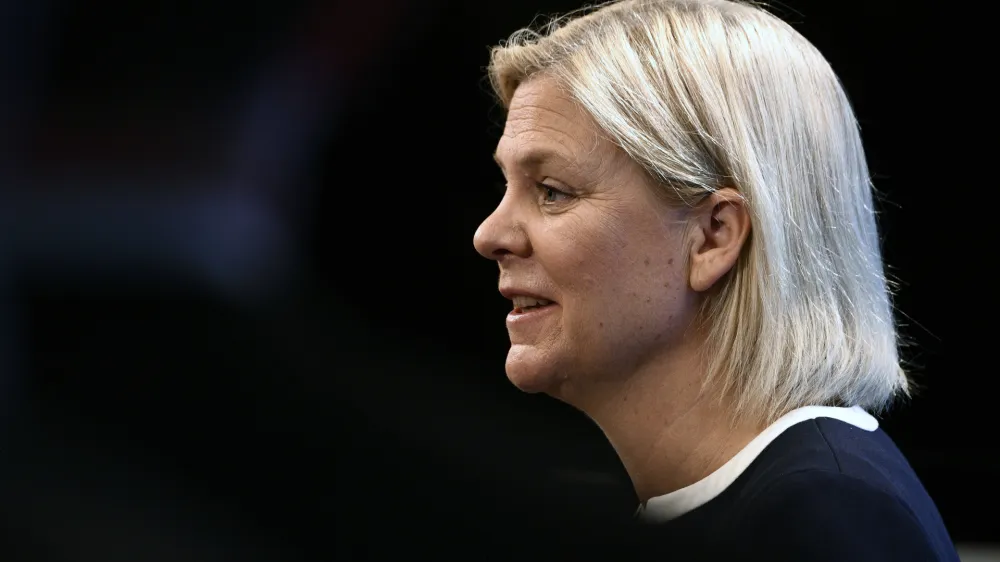 Sweden's Prime Minister Magdalena Andersson holds a press conference after having handed in her formal resignation, in Stockholm, Sweden, Thursday Sept. 15, 2022. (Tim Aro/TT News Agency via AP)