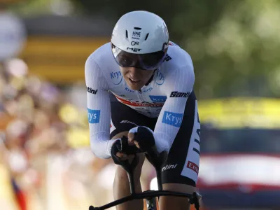 Cycling - Tour de France - Stage 20 - Lacapelle-Marival to Rocamadour - France - July 23, 2022 UAE Team Emirates' Tadej Pogacar crosses the finish line after stage 20 REUTERS/Gonzalo Fuentes