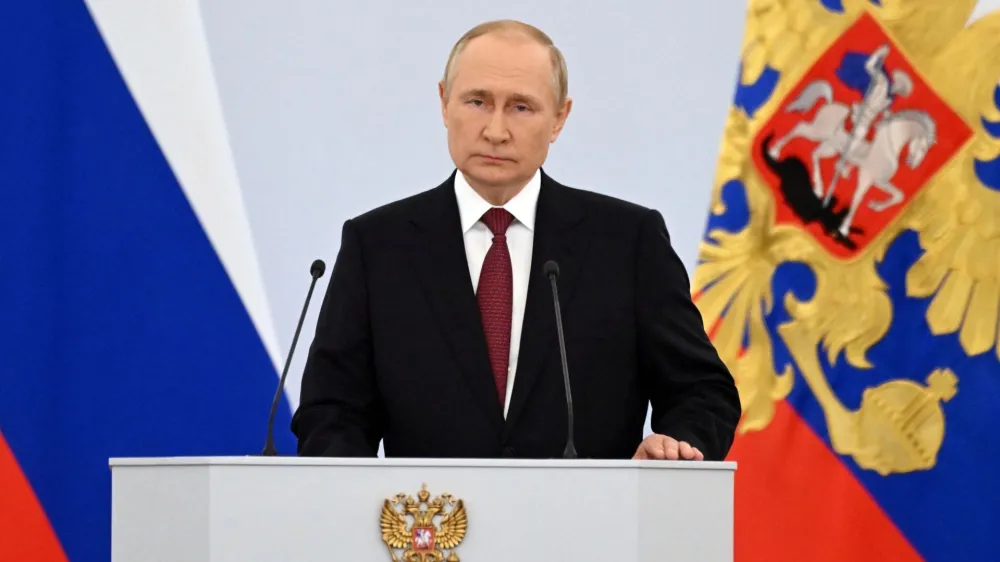 Russian President Vladimir Putin attends a ceremony to declare the annexation of the Russian-controlled territories of four Ukraine's Donetsk, Luhansk, Kherson and Zaporizhzhia regions, after holding what Russian authorities called referendums in the occupied areas of Ukraine that were condemned by Kyiv and governments worldwide, in the Georgievsky Hall of the Great Kremlin Palace in Moscow, Russia, September 30, 2022. Sputnik/Grigory Sysoyev/Pool via REUTERS ATTENTION EDITORS - THIS IMAGE WAS PROVIDED BY A THIRD PARTY.