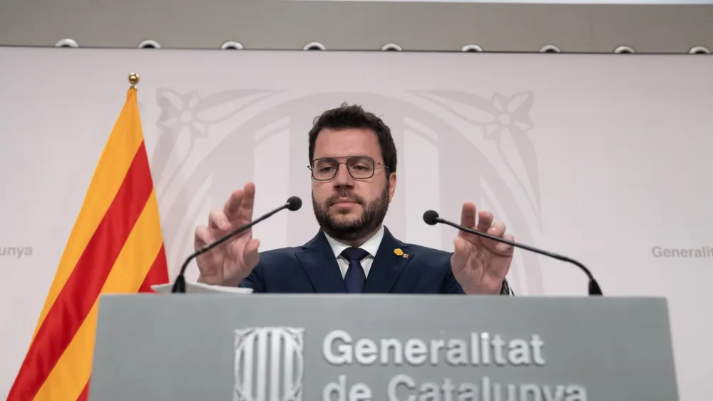 11 October 2022, Spain, Barcelona: Catalan Regional President Pere Aragones, holds a press conference after the first Consell Executiu following the reshuffle of the Government at the Palau de la Generalitat. Photo: David Zorrakino/EUROPA PRESS/dpa
