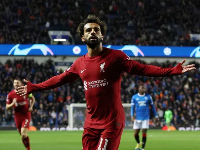 Soccer Football - Champions League - Group A - Rangers v Liverpool - Ibrox Stadium, Glasgow, Scotland, Britain - October 12, 2022 Liverpool's Mohamed Salah celebrates scoring their sixth goal Action Images via Reuters/Lee Smith   TPX IMAGES OF THE DAY