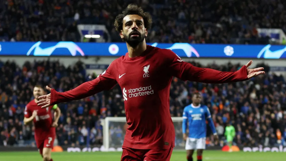 Soccer Football - Champions League - Group A - Rangers v Liverpool - Ibrox Stadium, Glasgow, Scotland, Britain - October 12, 2022 Liverpool's Mohamed Salah celebrates scoring their sixth goal Action Images via Reuters/Lee Smith   TPX IMAGES OF THE DAY
