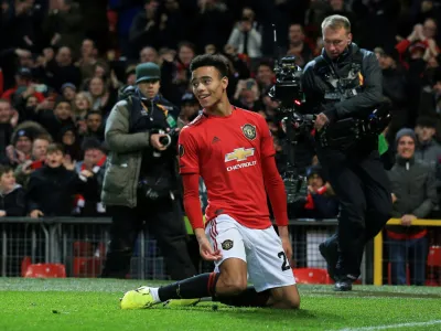 ﻿FILE PHOTO: Soccer Football - Europa League - Group L - Manchester United v AZ Alkmaar - Old Trafford, Manchester, Britain - December 12, 2019 Manchester United's Mason Greenwood celebrates scoring their second goal  REUTERS/Jon Super/File Photo