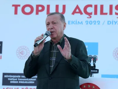 Turkish President Tayyip Erdogan addresses his supporters during an opening ceremony in Diyarbakir, Turkey October 23, 2022. REUTERS/Sertac Kayar