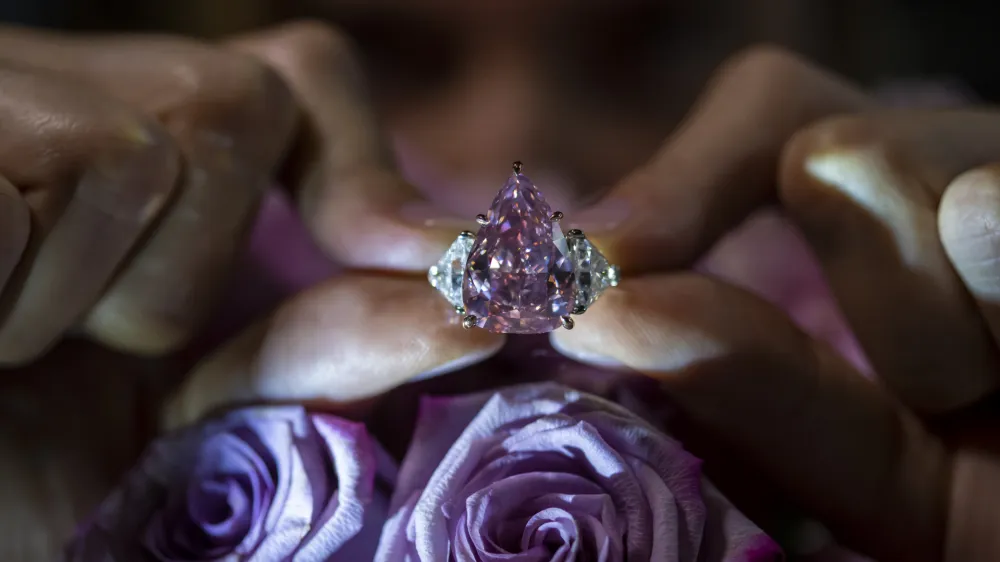 A Christie's employee displays a pink diamond called "The Fortune Pink" of 18,18 carat, during a preview at Christie's, in Geneva, Switzerland, Wednesday, Nov. 2, 2022. The pear-shaped 18-carat pink diamond is set to be sold at auction on Tuesday and is expected to fetch between $25 million and $35 million. (Martial Trezzini/Keystone via AP)