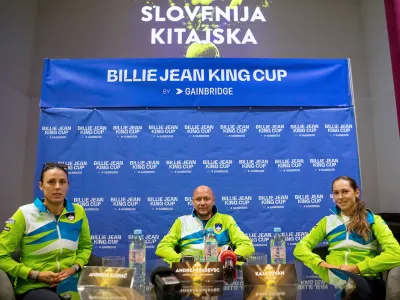Andreja Klepac of Slovenia, Andrej Krasevec, captain of team Slovenia and Kaja Juvan of Slovenia during press conference prior to Billie Jean King Cup by Gainbridge, 2022 Play-offs between Slovenia and China, on November 9, 2022 in Vila Bianca, Velenje, Slovenia. Photo by Matic Klansek Velej / Sportida