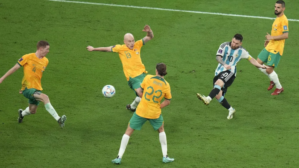 Argentina's Lionel Messi makes an attempt to score during the World Cup round of 16 soccer match between Argentina and Australia at the Ahmad Bin Ali Stadium in Doha, Qatar, Saturday, Dec. 3, 2022. (AP Photo/Alessandra Tarantino)